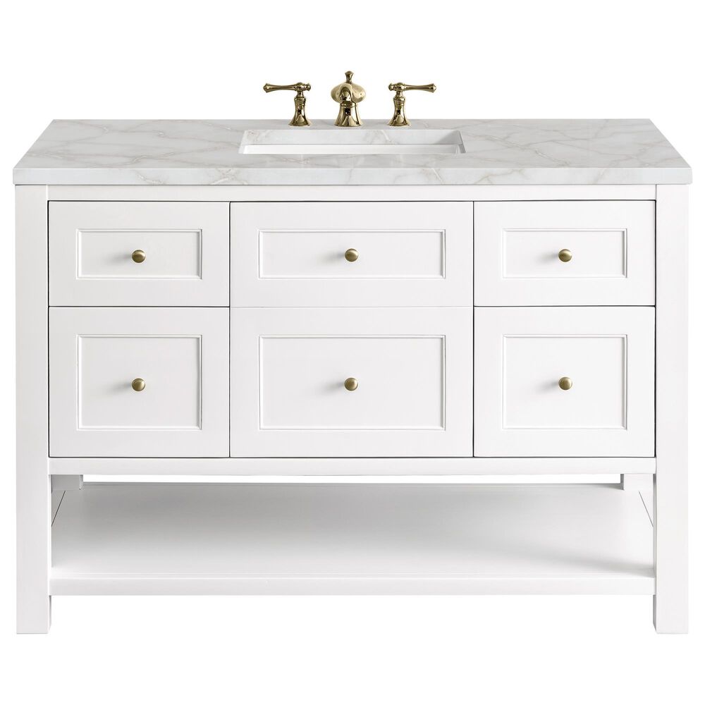 James Martin Vanities Breckenridge 48" Single Bathroom Vanity in Bright White with 3 cm Eternal Jasmine Pearl Silestone Top, Rectangular Sink and FreePower Wireless Charger, , large