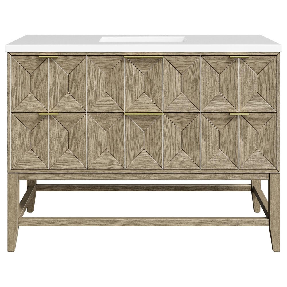 James Martin Vanities Emmeline 48" Single Vanity in Pebble Oak with 3 cm White Zeus Quartz Top, , large
