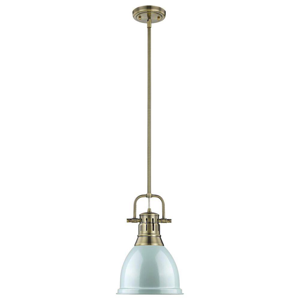 Golden Lighting Duncan 1-Light Small Pendant with Rod and Seafoam Shade in Aged Brass, , large