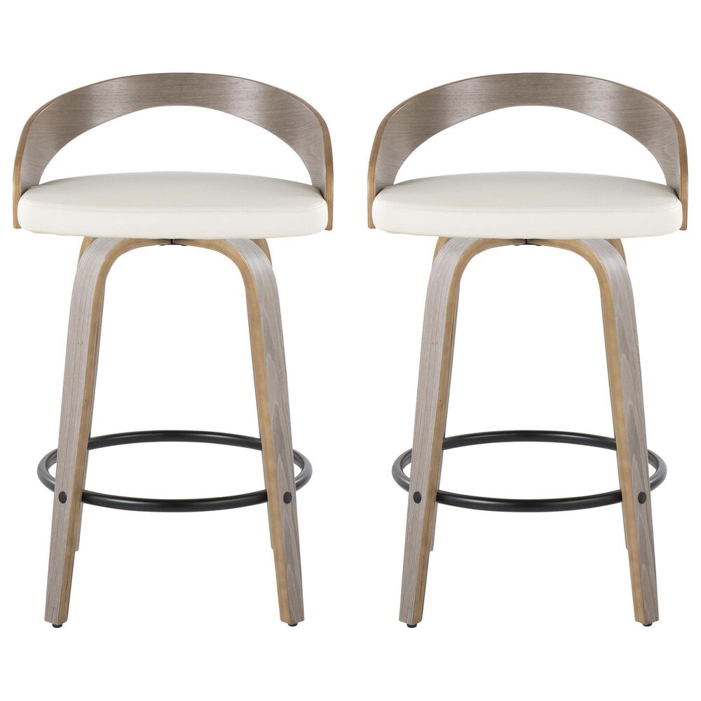 LumiSource Grotto 26" Swivel Counter Stool with White Faux Leather Upholstery in Light Grey and Black (Set of 2), , large