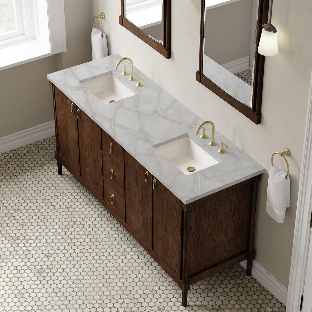 James Martin Kinnsden 72" Double Bathroom Vanity in Sable Oak with 3 cm Victorian Silver Silestone Top and Rectangular Sinks, , large