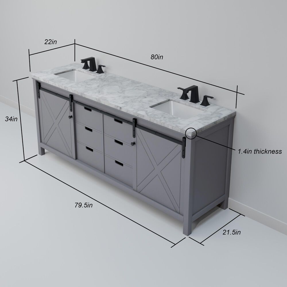 Lexora Home Marsyas 80&quot; Double Bathroom Vanity in Dark Grey with White Carrara Marble Top and Rectangular Sinks, , large