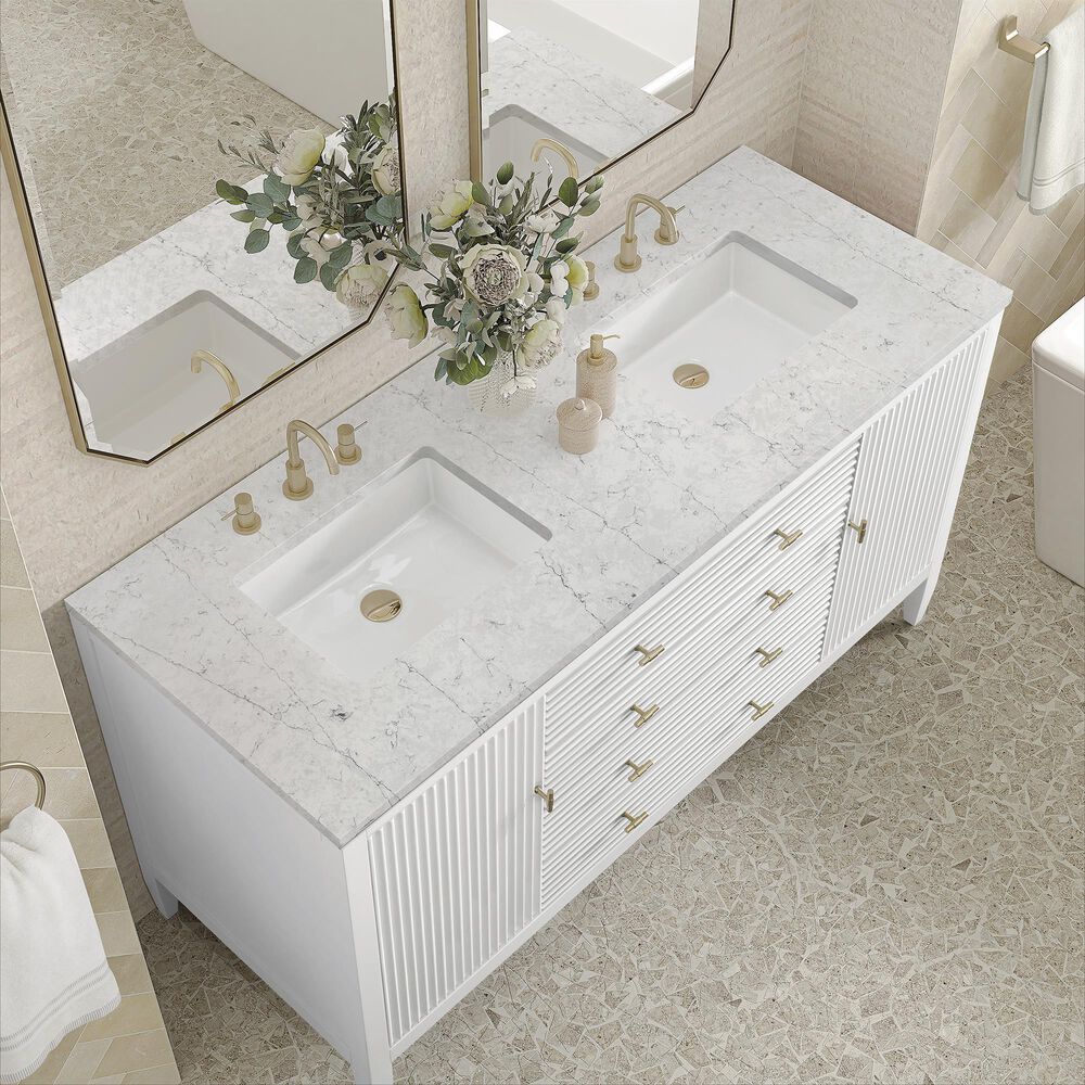 James Martin Vanities Myrrin 60&quot; Double Vanity in Bright White with 3 cm Eternal Jasmine Pearl Quartz Top, , large