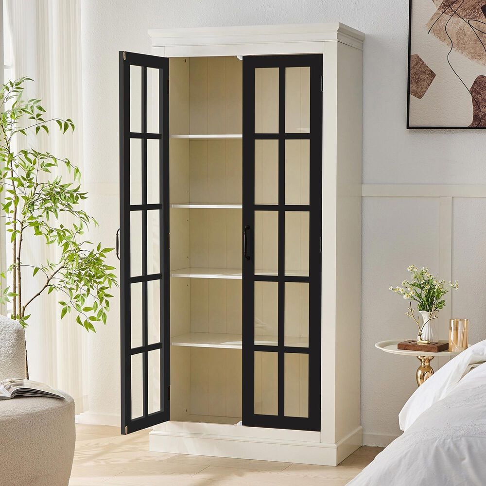 Hearth and Haven 71.2'' Freestanding Glass Door Pantry with Adjustable Shelves in White and Black, , large