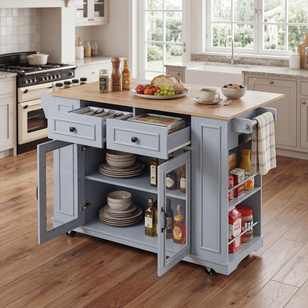 HOMLUX 54" Mobile Kitchen Island with Glass Door Storage in Grey and Blue, , large