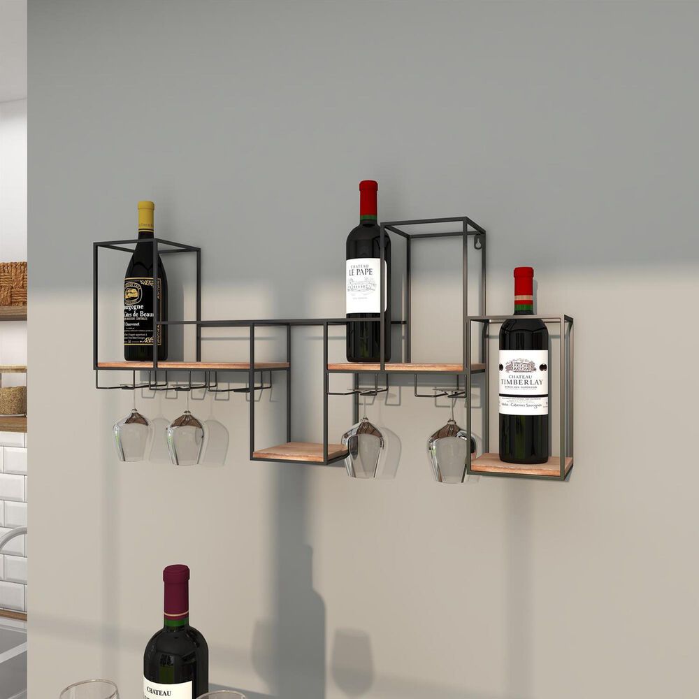 Maple and Jade 7-Bottle Display Wall Wine Rack in Matte Black and Brown, , large