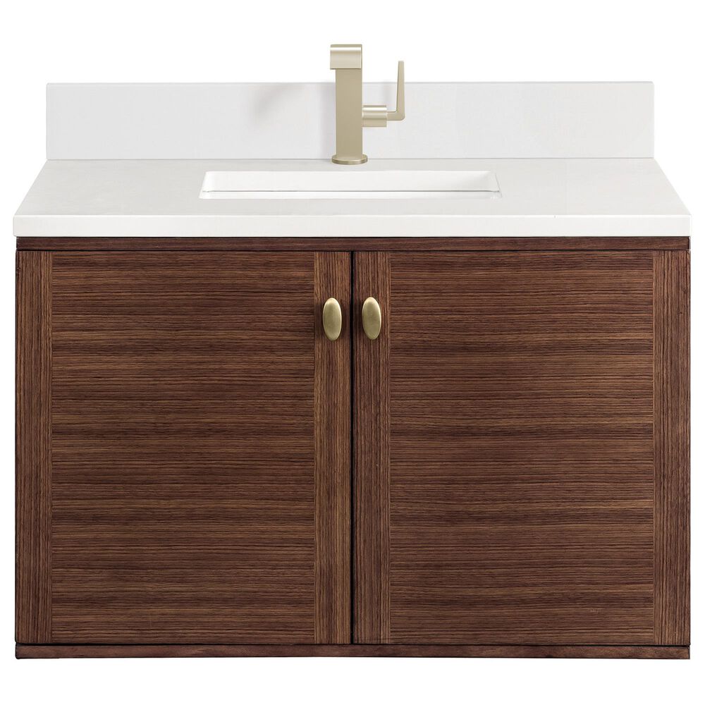 James Martin Vanities Amberly 36" Single Bathroom Vanity in Mid-Century Walnut with Single Hole 3 cm White Zeus Quartz Top and Rectangular Sink, , large