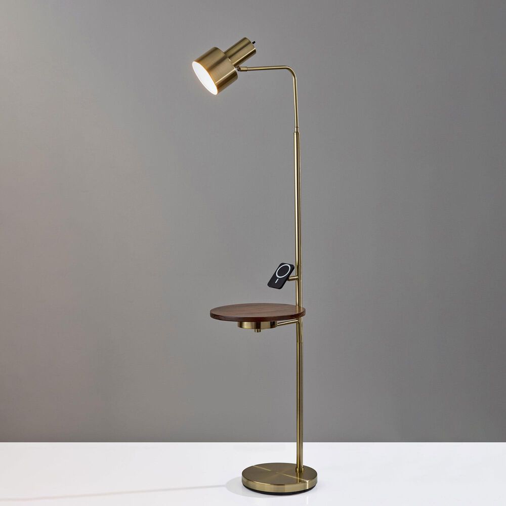 Adesso Wyatt Floor Lamp with Shelf and Wireless Charging in Antique Brass, , large