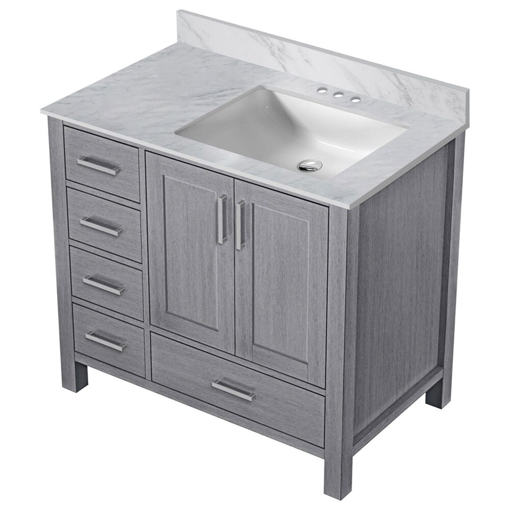 Lexora Home Jacques 36&quot; Right Offset Single Bathroom Vanity in Distressed Grey with 2 cm White Carrara Marble Top and Rectangular Sink, , large