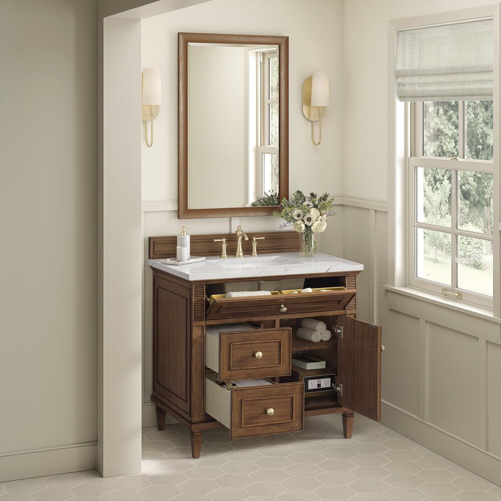 James Martin Vanities Lorelai 36&quot; Single Vanity in Mid-Century Walnut with 3 cm Ethereal Noctis Quartz Top, , large