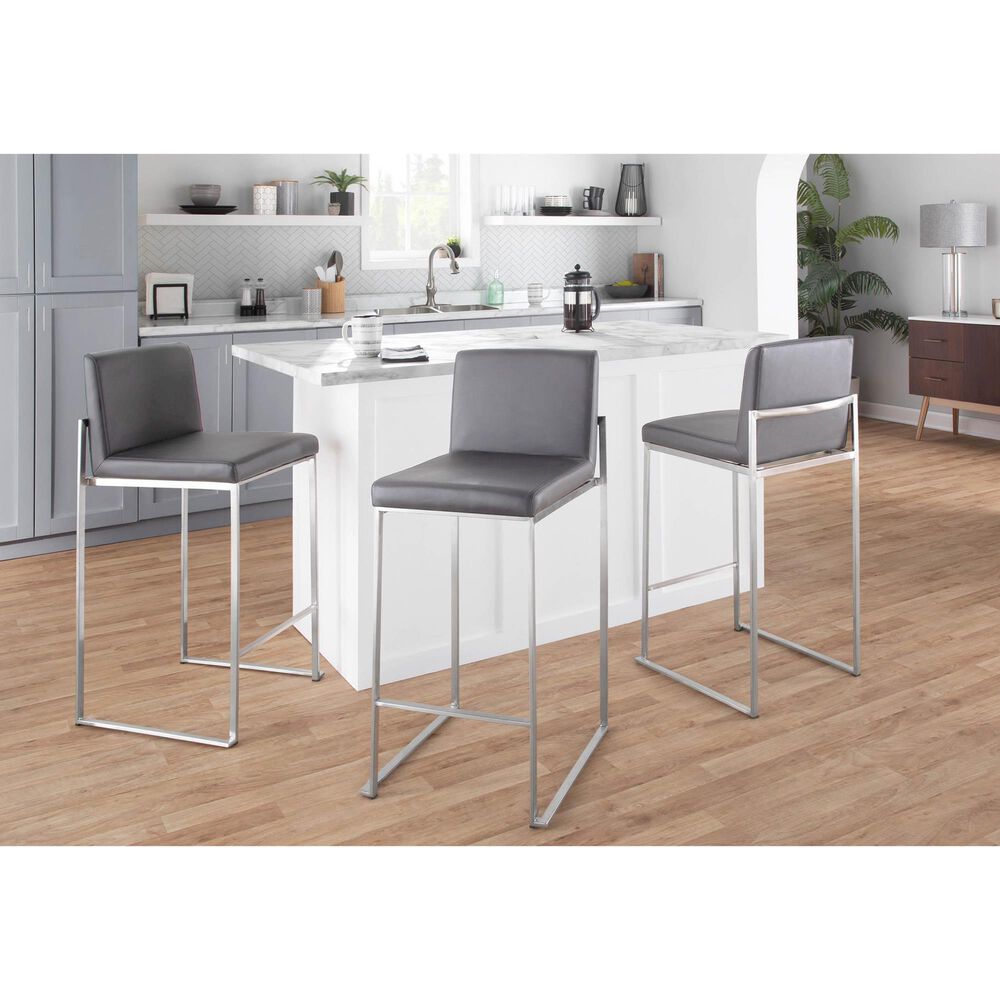 Lumisource Fuji Stackable Counter Stool with Grey Faux Leather Cushion in Brushed Stainless Steel &#40;Set of 2&#41;, , large