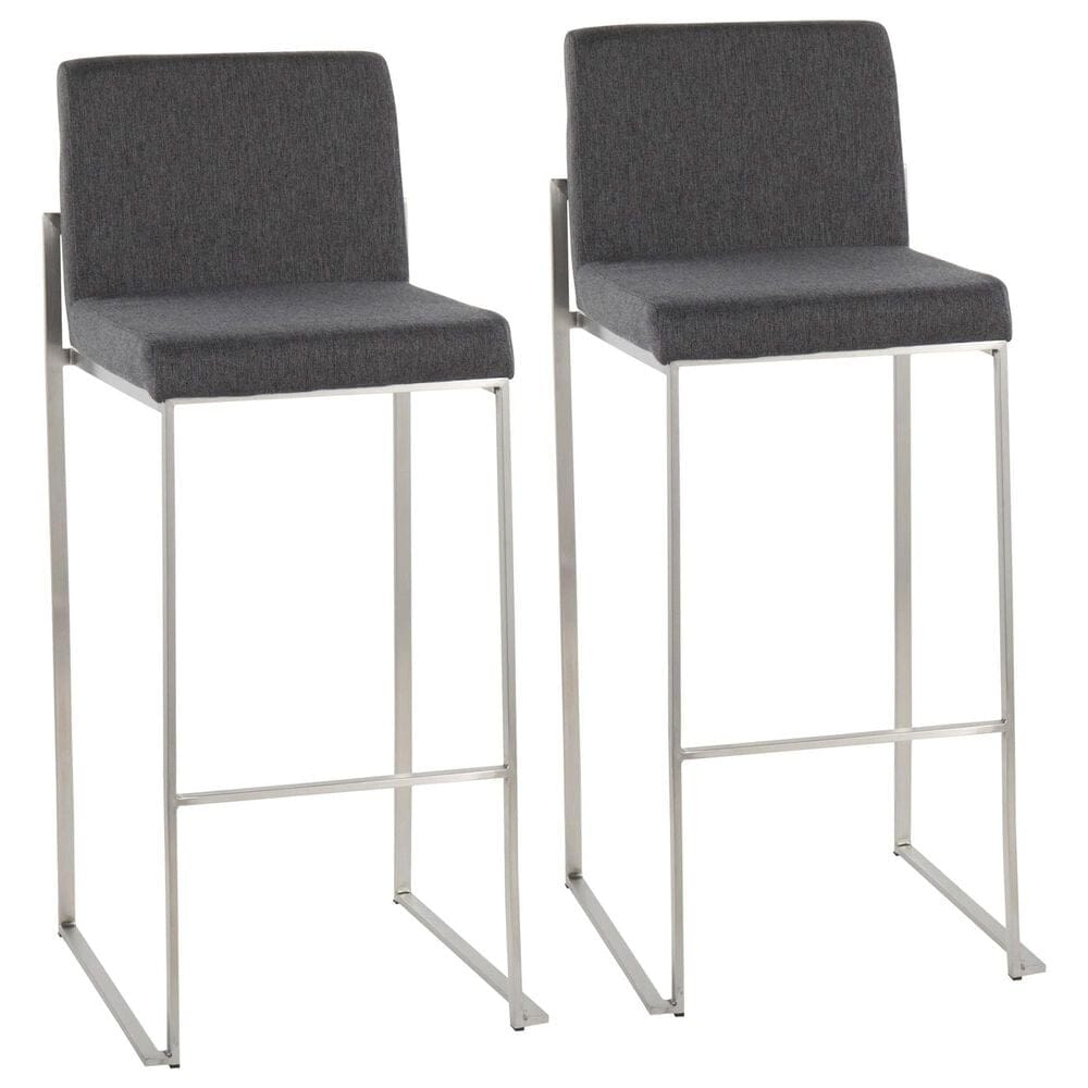 Lumisource Fuji High Back Barstool with Charcoal Fabric in Stainless Steel (Set of 2), , large