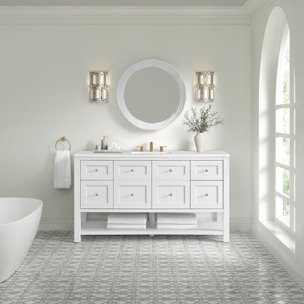 James Martin Vanities Breckenridge 60" Single Bathroom Vanity in Bright White with 3 cm White Zeus Quartz Top and Rectangular Sink, , large