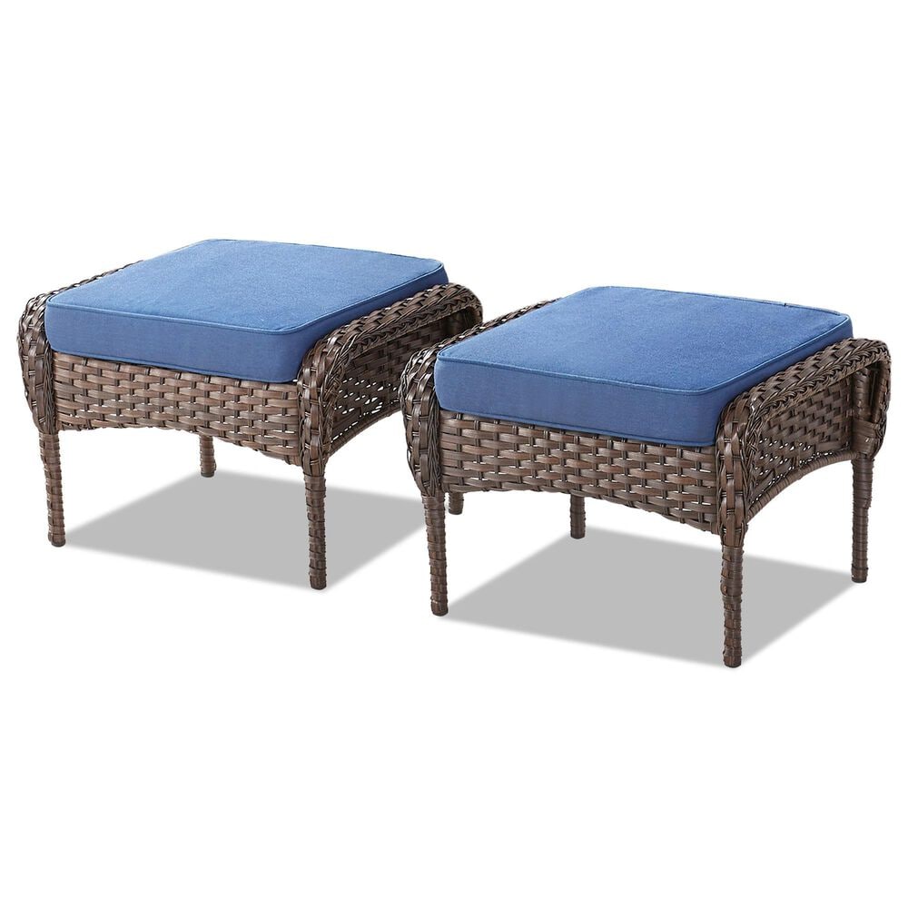 Hearth and Haven Patio Wicker Ottoman with Brown Rattan in Blue (Set of 2), , large