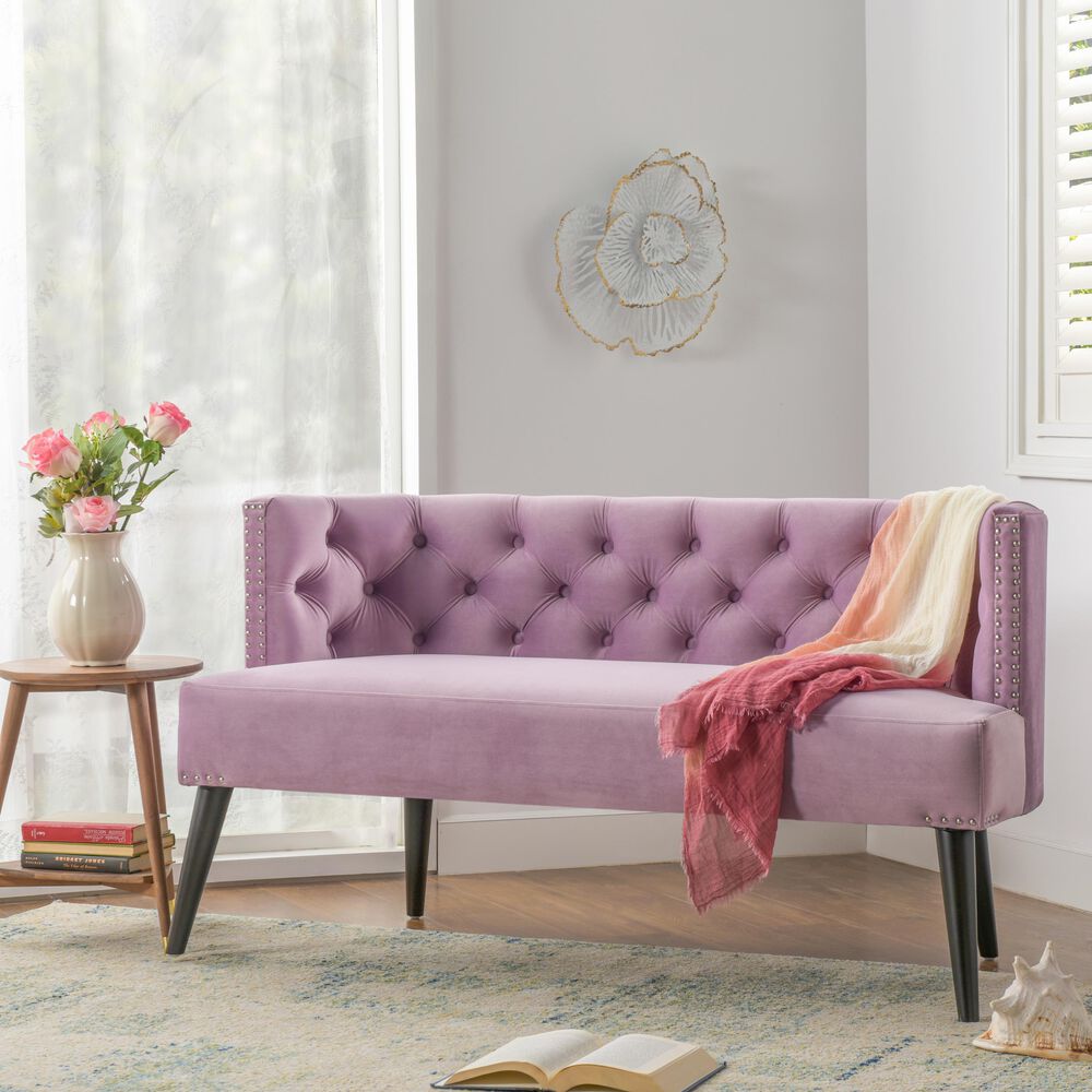 Jennifer Taylor Home Celine Tufted Settee Nailhead Accents in Lavender