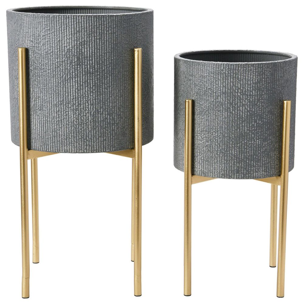 Creative Coop 2-Piece Modern Boho Embossed Metal Planter with Stand Set in Charcoal Grey and Gold, , large