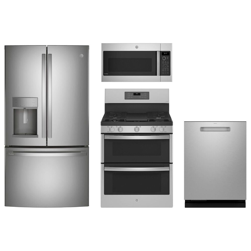 GE Profile 4pc Kitchen Package with Refrigerator, Range, Microwave, and Dishwasher in Stainless Steel, , large
