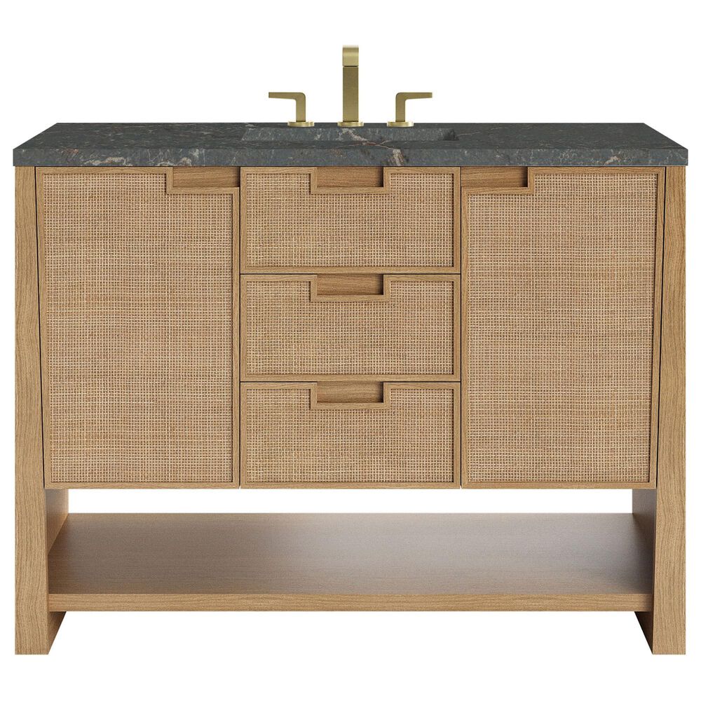 James Martin Vanities Solene 48" Single Bathroom Vanity in Seaside Oak with 3 cm Parisien Bleu Quartz Top, Rectangular Sink and FreePower Wireless Charger, , large