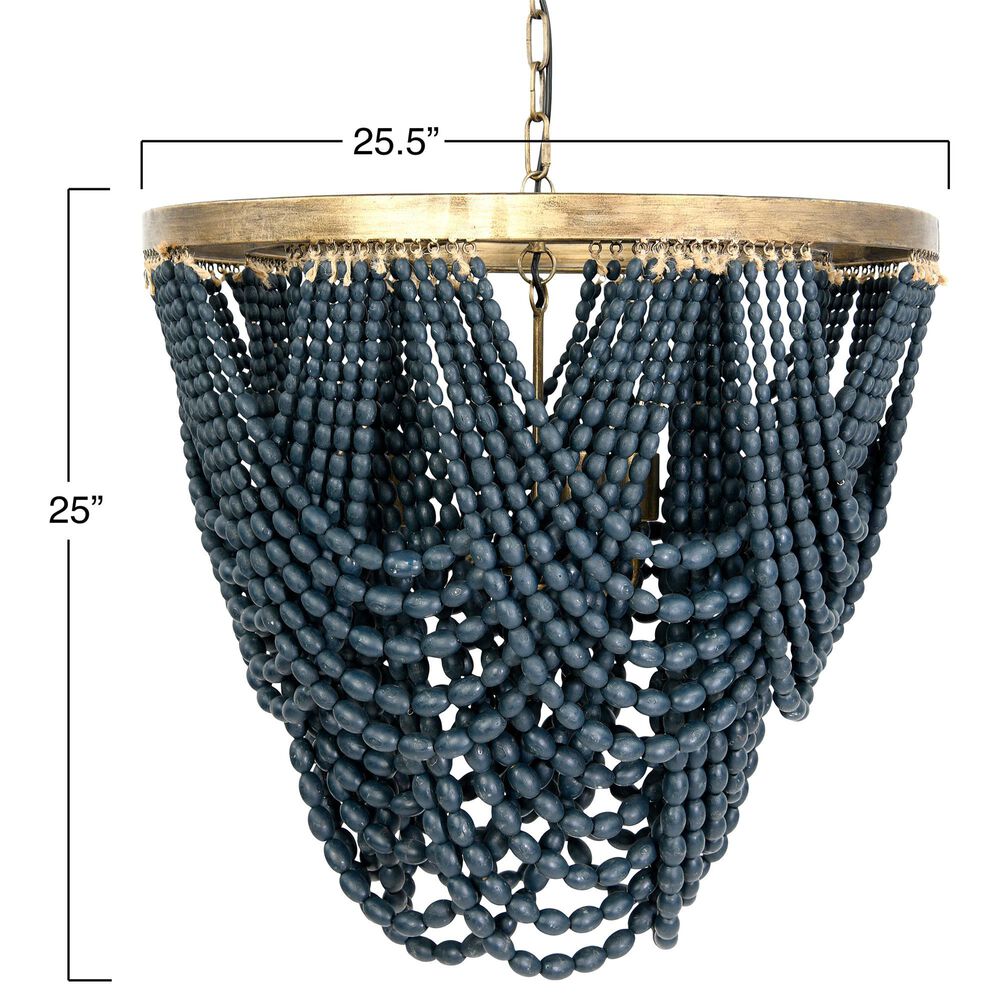 Creative Coop Laurel Draped Wood Bead Chandelier with Brushed Gold and Blue Shade, , large