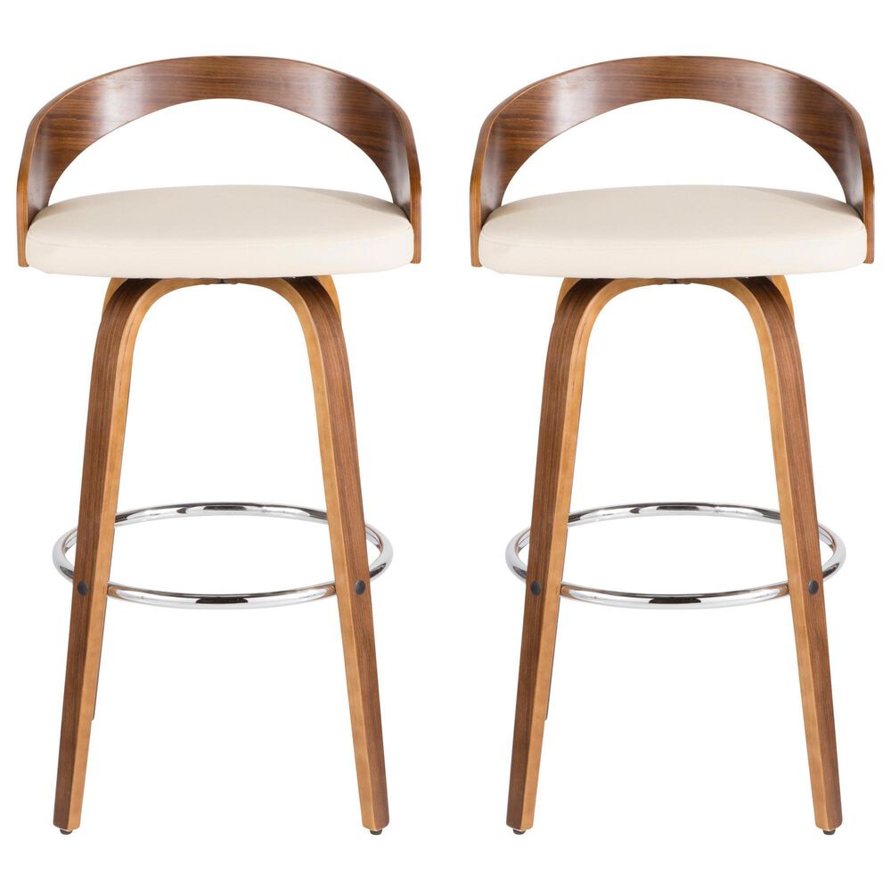 LumiSource Grotto 30" Bar Stool with Cream Upholstery in Walnut Wood and Chrome (Set of 2), , large