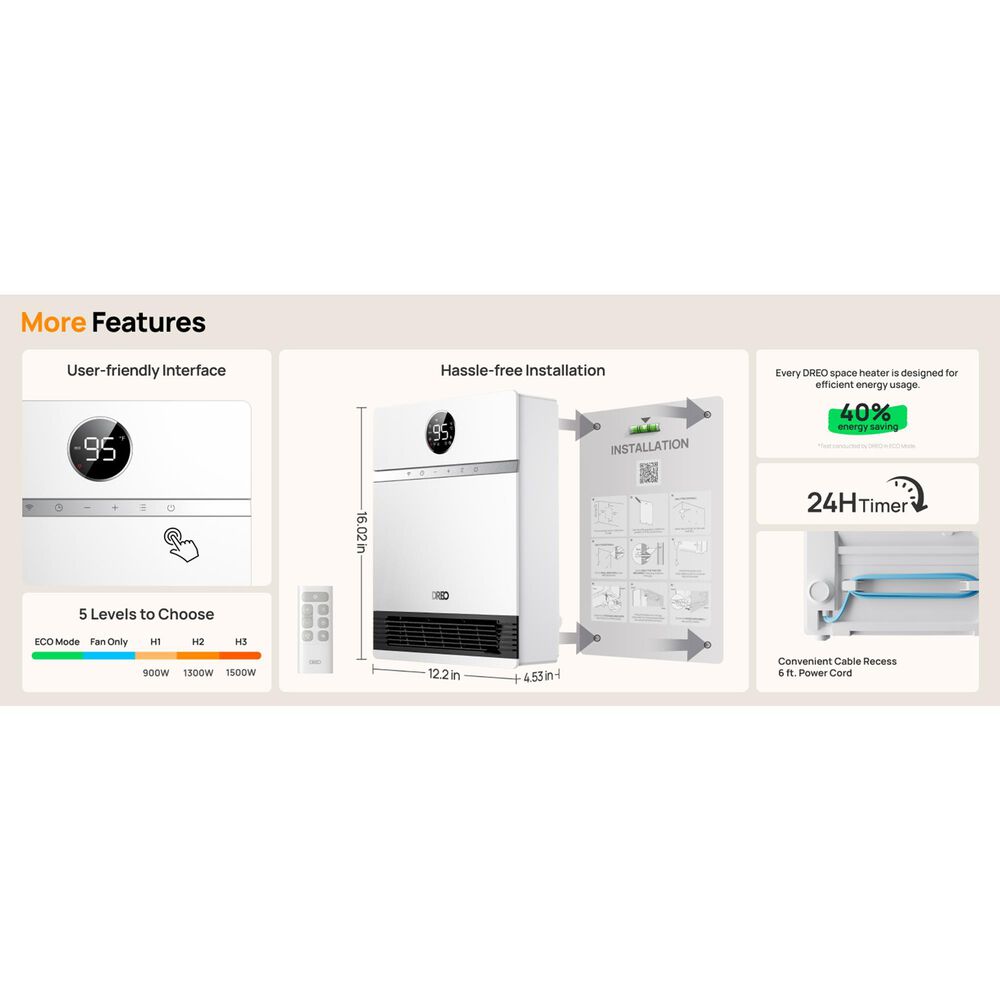DREO Smart Wall-Mounted Heater in White, , large