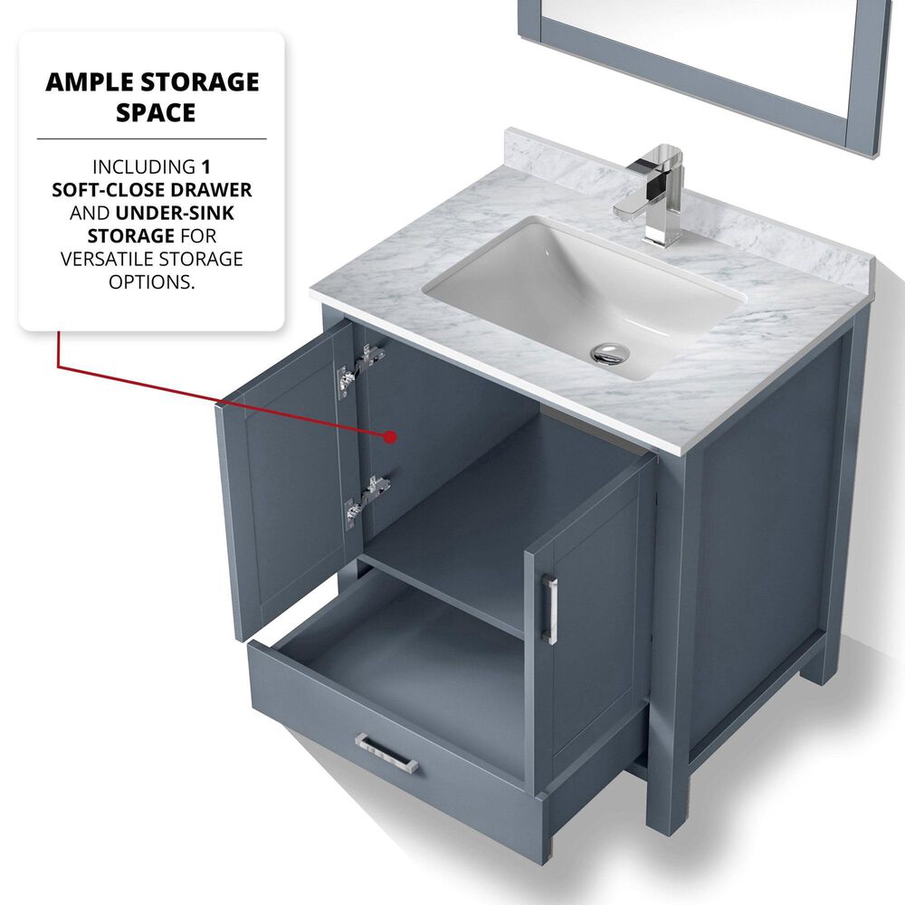 Lexora Home Jacques 30&quot; Single Bathroom Vanity in Dark Grey with 2 cm White Carrara Marble Top and Rectangular Sink, , large