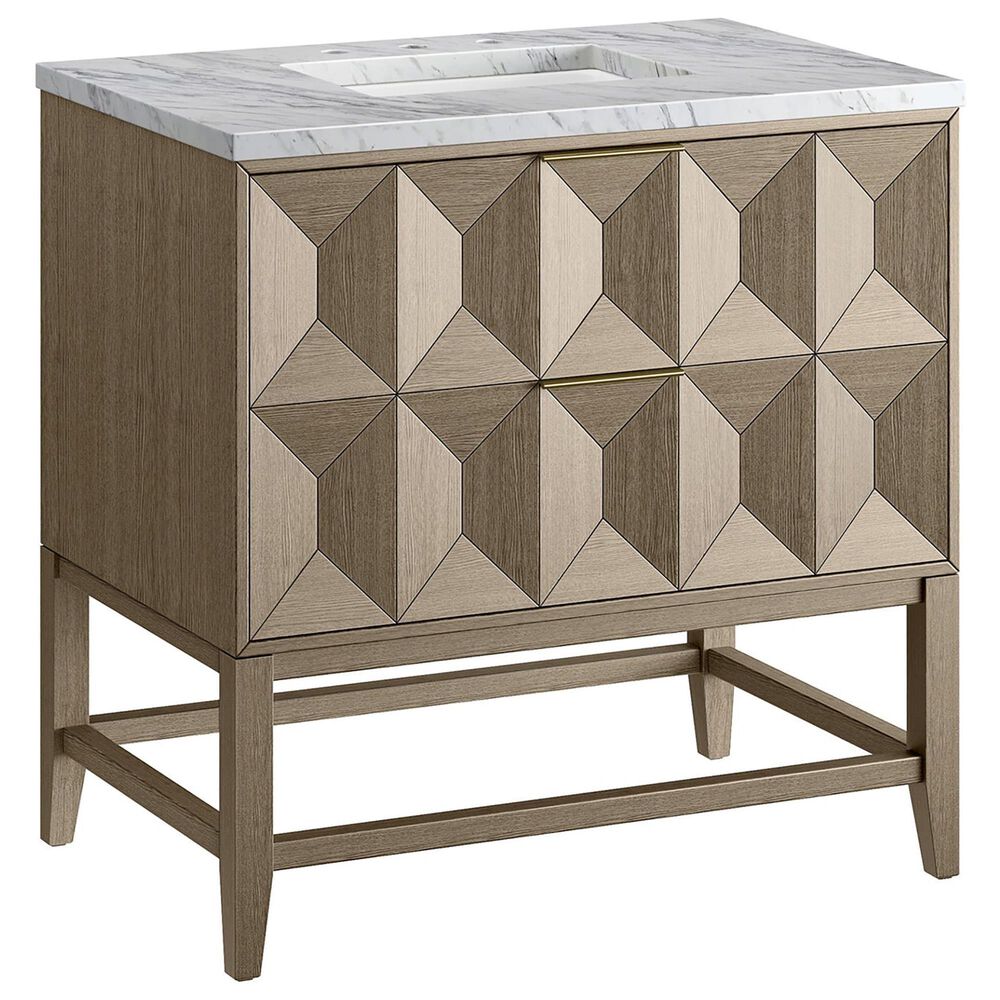 James Martin Vanities Emmeline 36" Single Bathroom Vanity in Pebble Oak with 3 cm Carrara White Marble Top and Rectangular Sink, , large