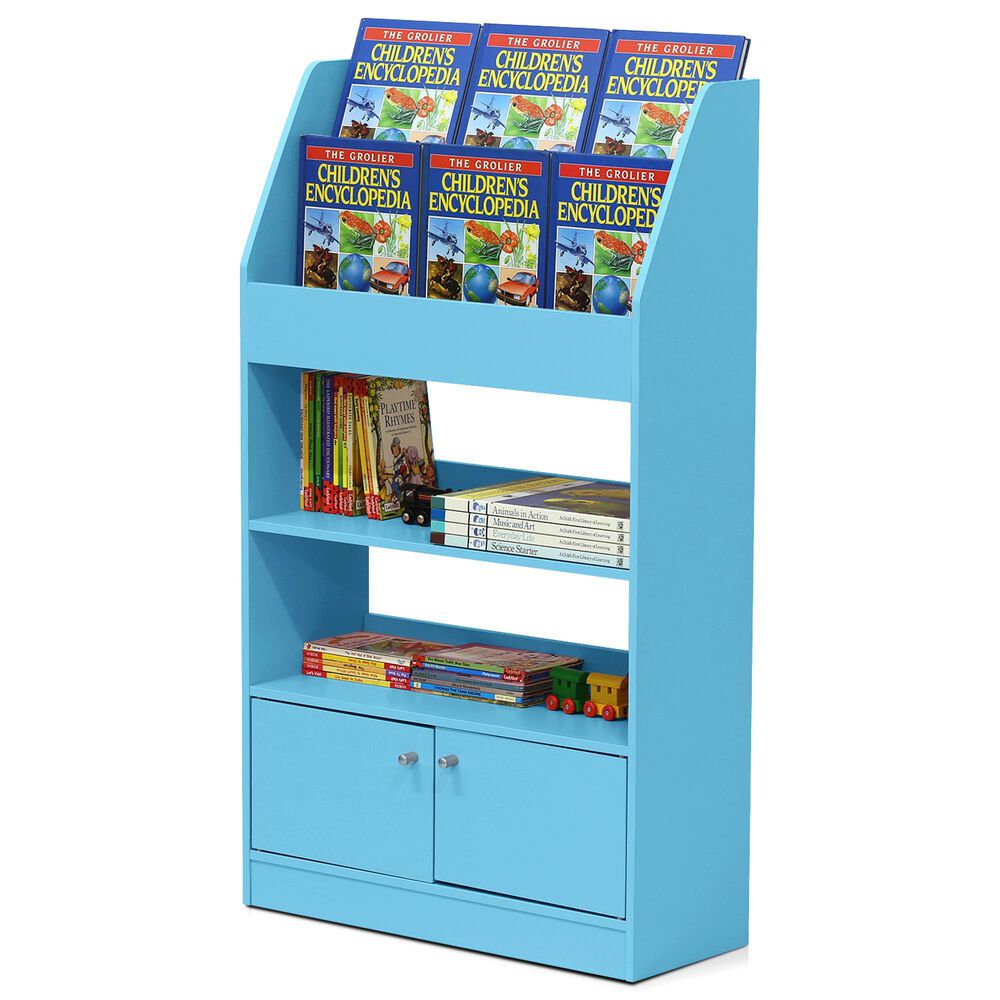 HOMLUX 4-Tier Space Saving Bookshelf with Storage Cabinet and Door in Light Blue, , large