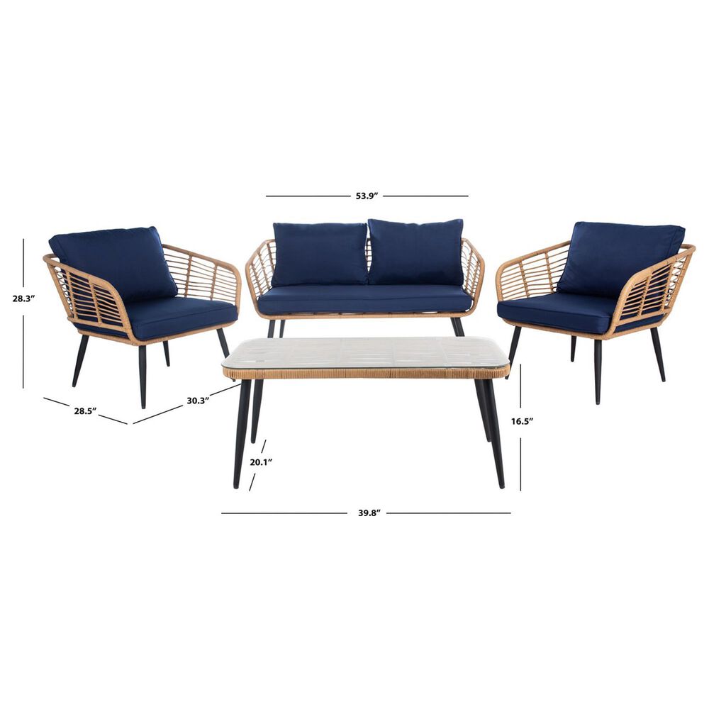 Safavieh Henderson 4-Piece Patio Living Set with Navy Cushion in Natural and Black, , large
