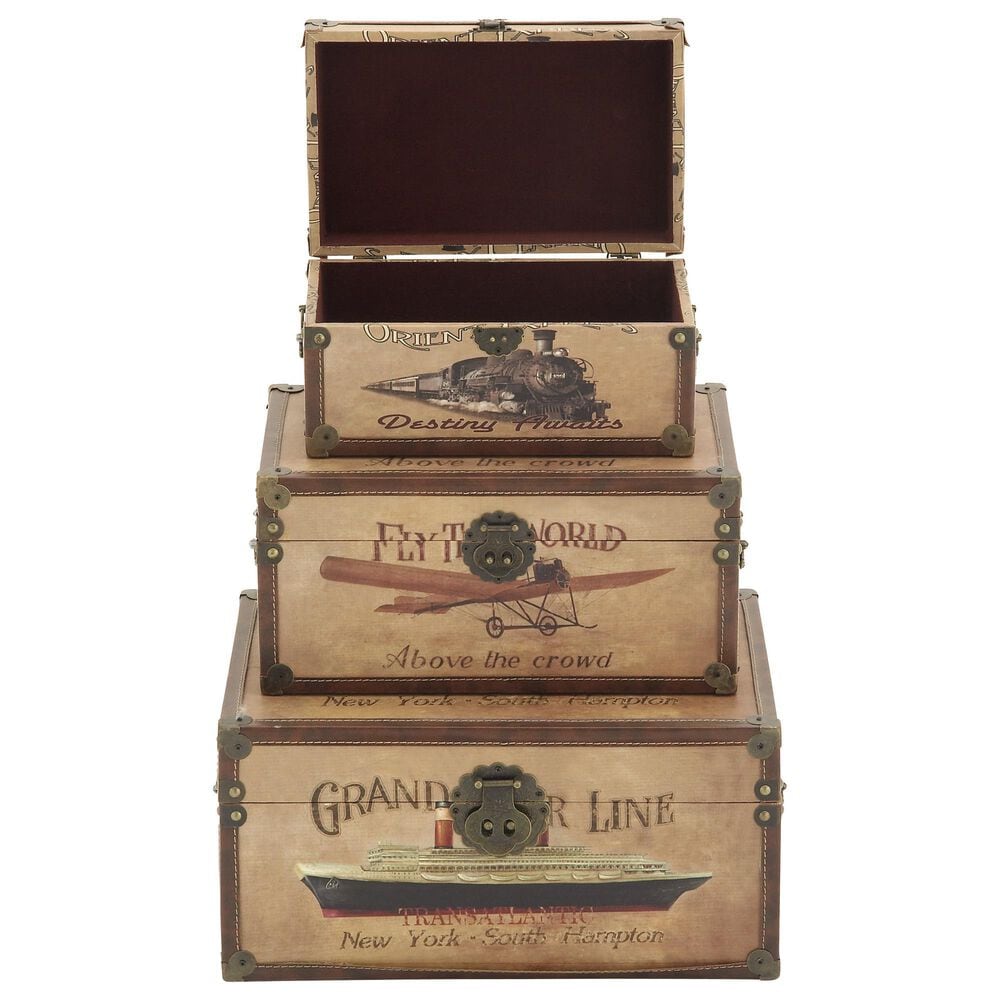 Maple and Jade 3-Piece Transportation Vintage Decorative Trunk in Matte Brown and Gold, , large