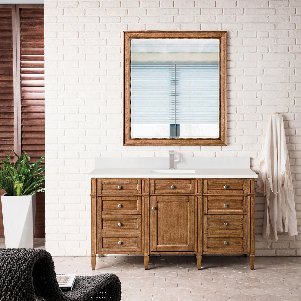 James Martin Vanities Brittany 60&quot; Single Bathroom Vanity in Saddle Brown with Single Hole 3 cm White Zeus Quartz Top and Rectangular Sink, , large