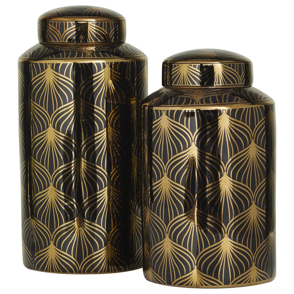 Maple and Jade 2-Piece Jar Set with Floral Accents in Glossy Black and Gold, , large