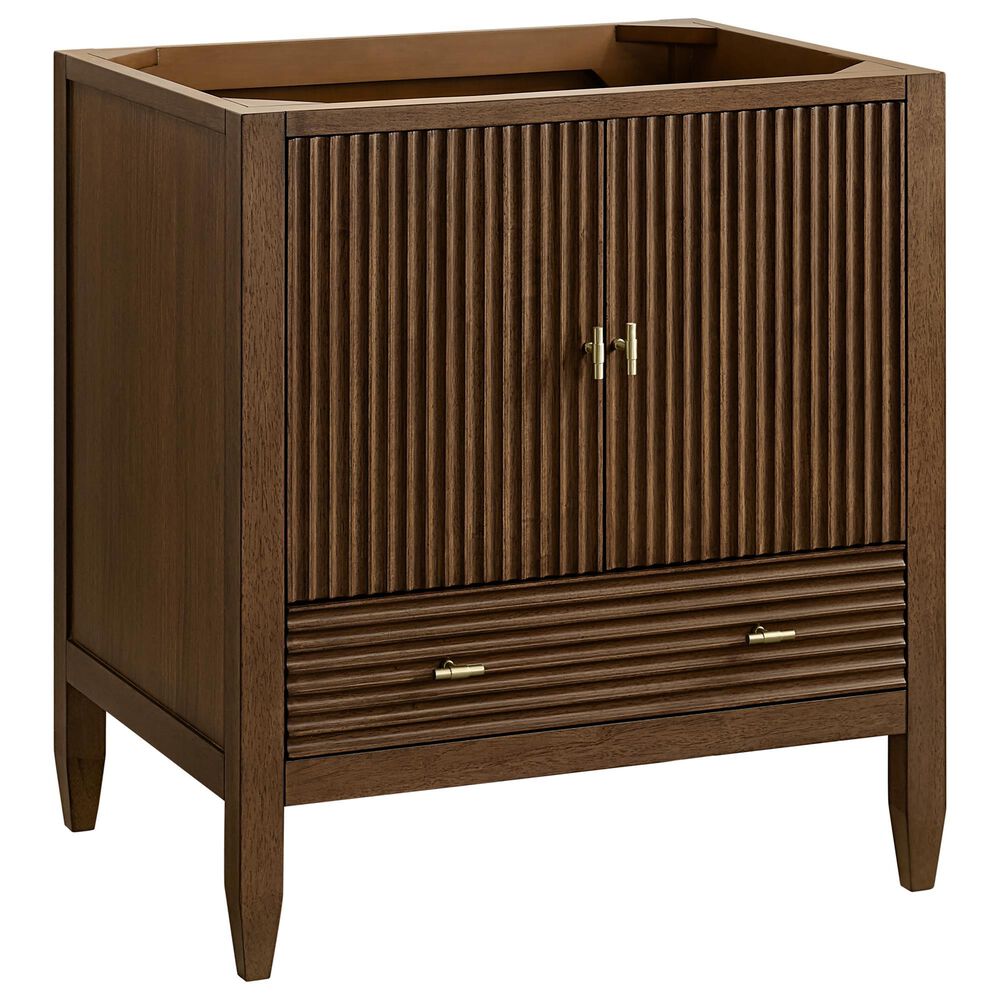 James Martin Myrrin 30" Single Bathroom Vanity in Mid-Century Walnut with 3 cm Carrara Marble Top and Rectangular Sink, , large