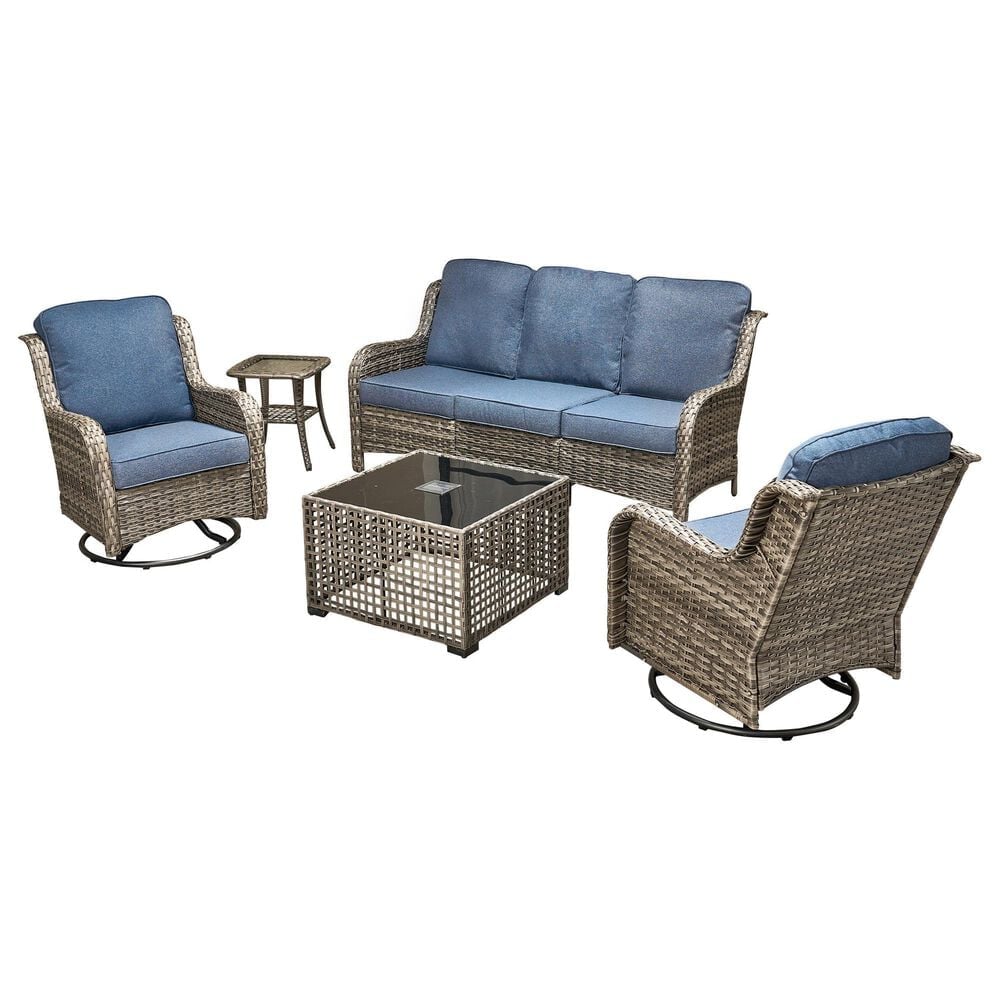 HOMLUX 5-Piece Grey Wicker Patio Set in Denim Blue, , large