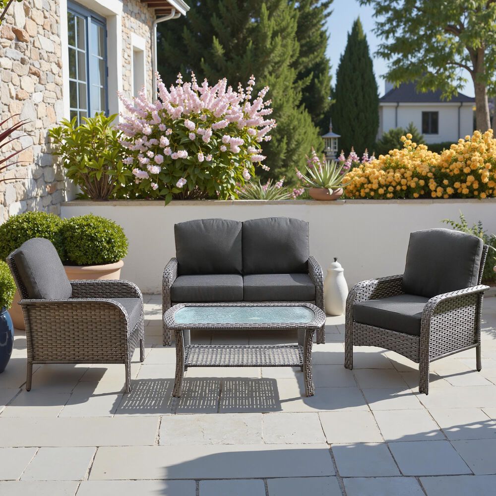 HOMLUX 4-Piece Patio Conversation Set with Grey Wicker in Black, , large