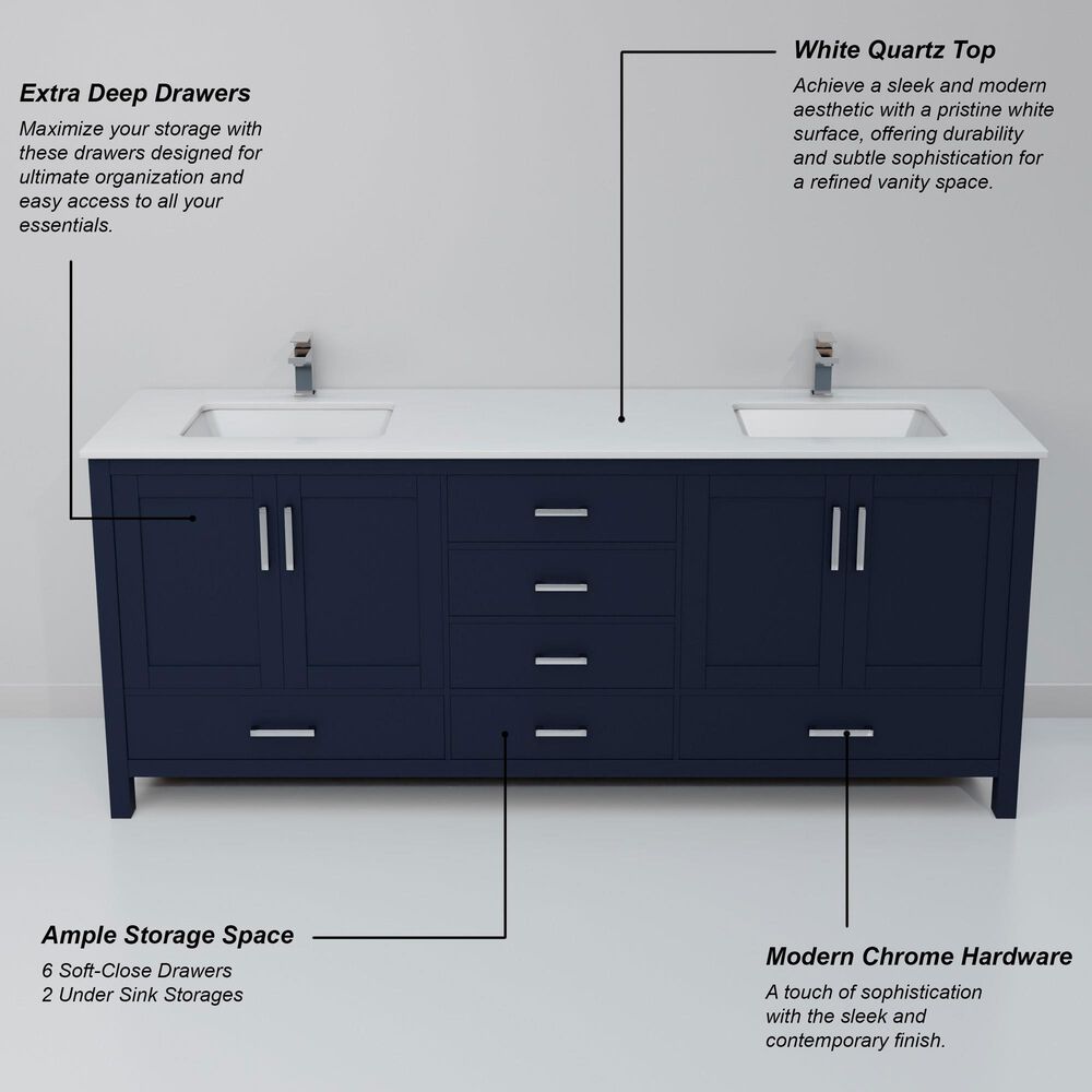 Lexora Home Jacques 72" Double Bathroom Vanity in Navy Blue with 2 cm White Quartz Top and Rectangular Sinks, , large