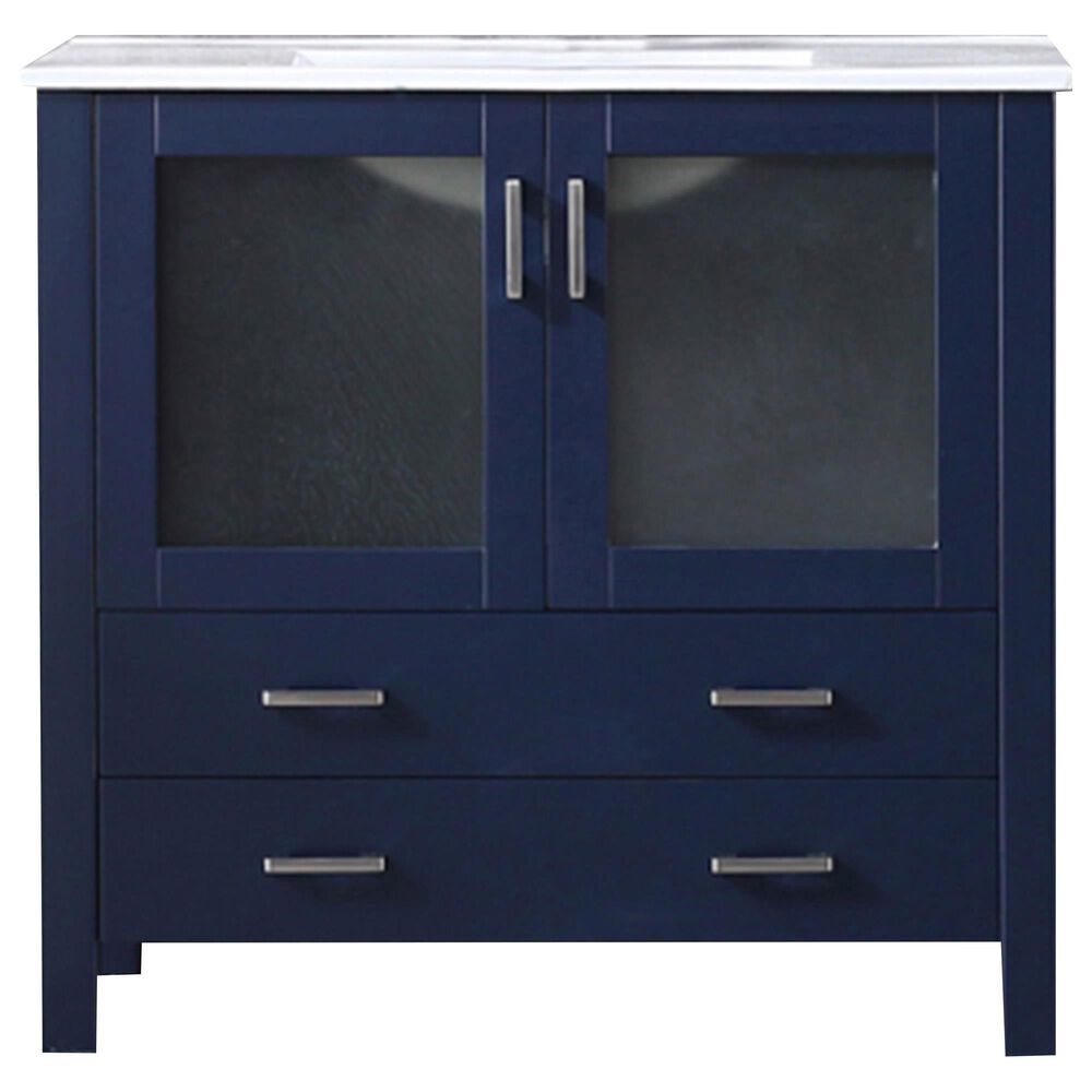 Lexora Home Volez 36" Single Bathroom Vanity in Navy Blue with 2 cm White Ceramic Top and Rectangular Sink, , large