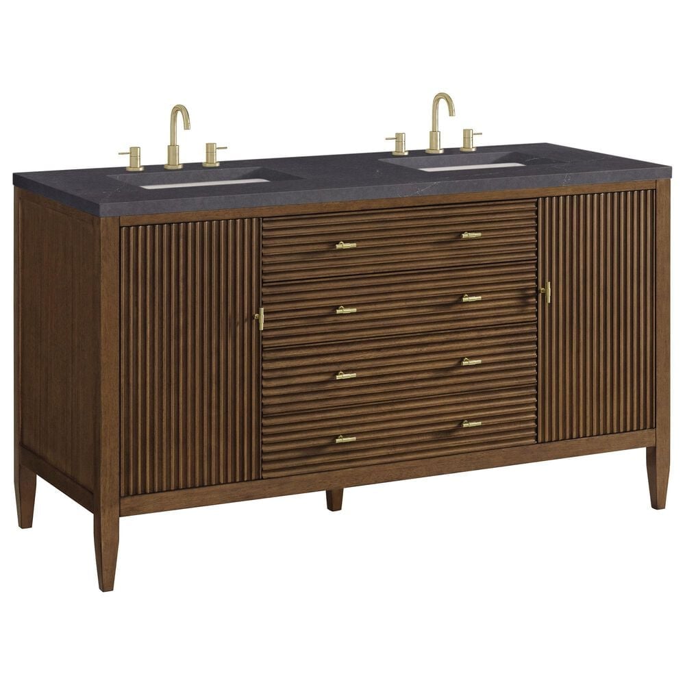 James Martin Vanities Myrrin 60" Double Vanity in Mid Century Walnut with 3 cm Charcoal Soapstone Quartz Top, , large