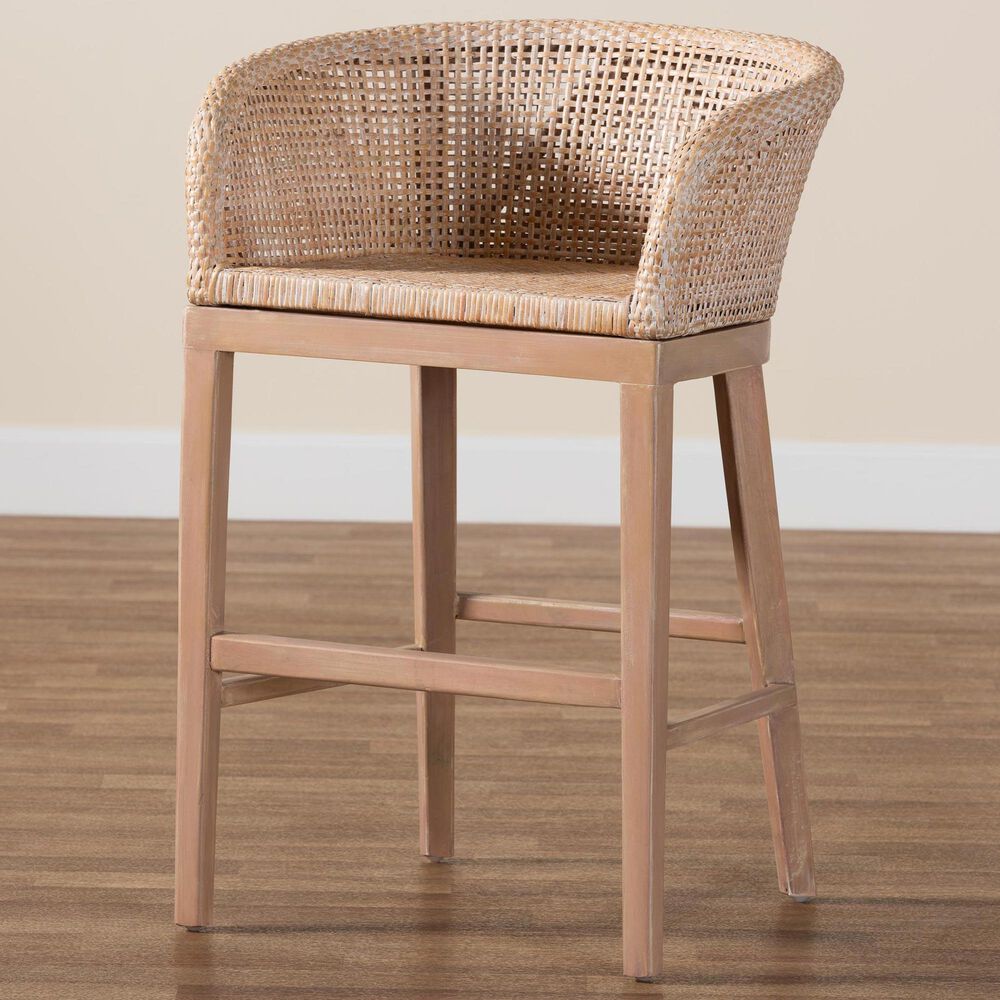 Baxton Studio Papua Counter Stool in Antique White Wash and Light brown, , large
