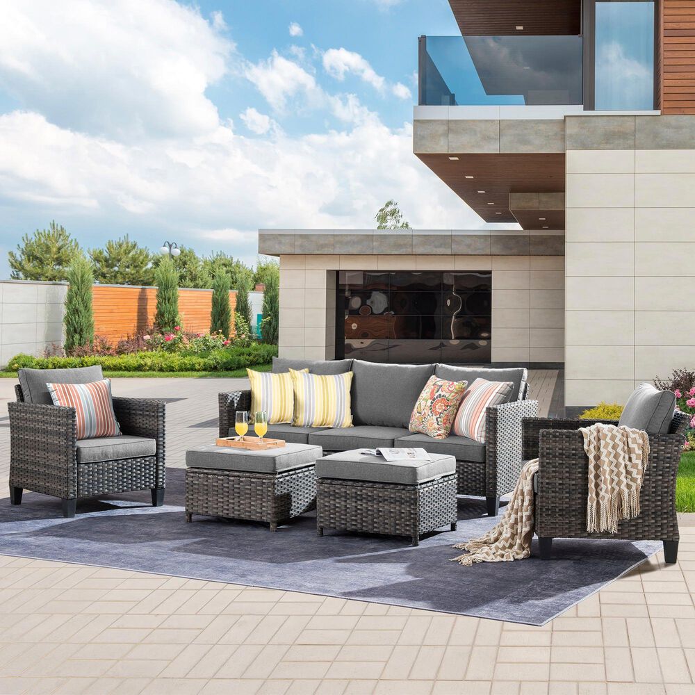 HOMLUX 5-Piece Outdoor Wicker Patio Furniture Set, High Back Rattan Sofa with Chairs, Ottomans &amp; Cushions in Dark Gray, , large