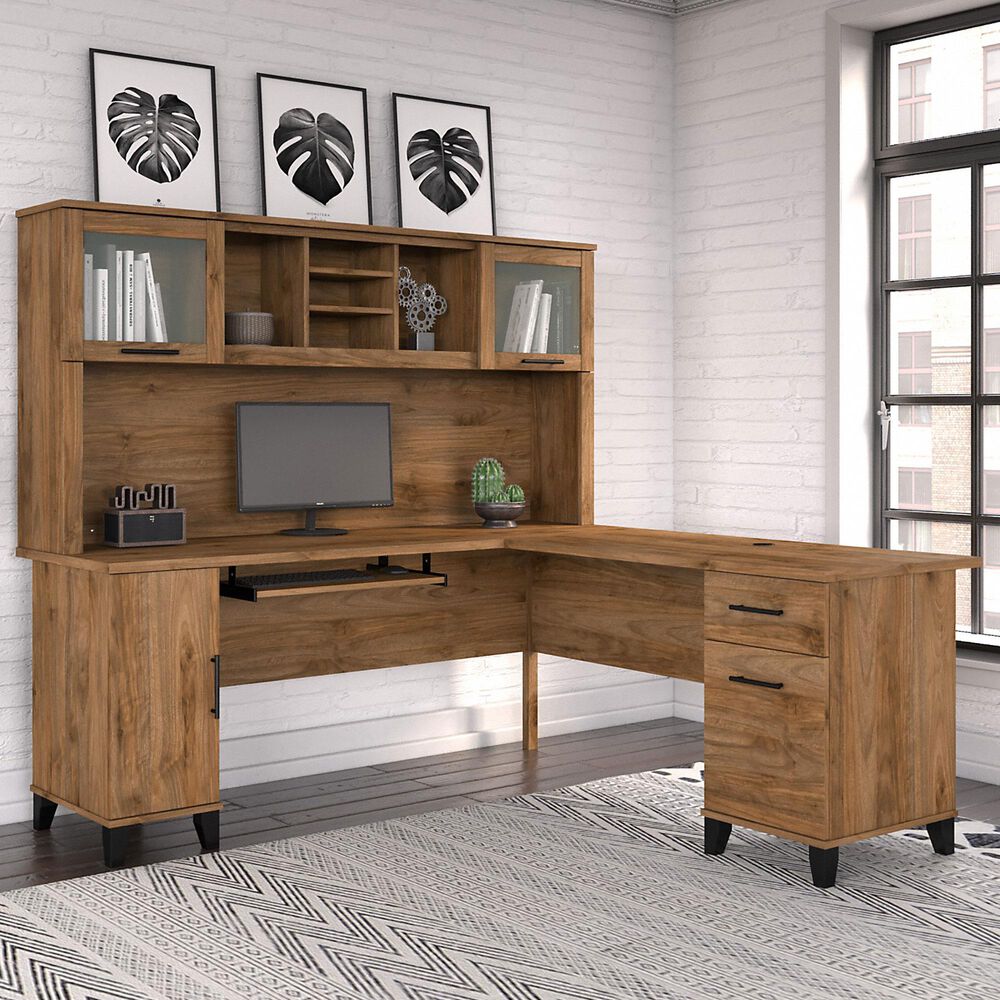 Bush Somerset 72" LShaped Desk with Hutch in Fresh Walnut NFM