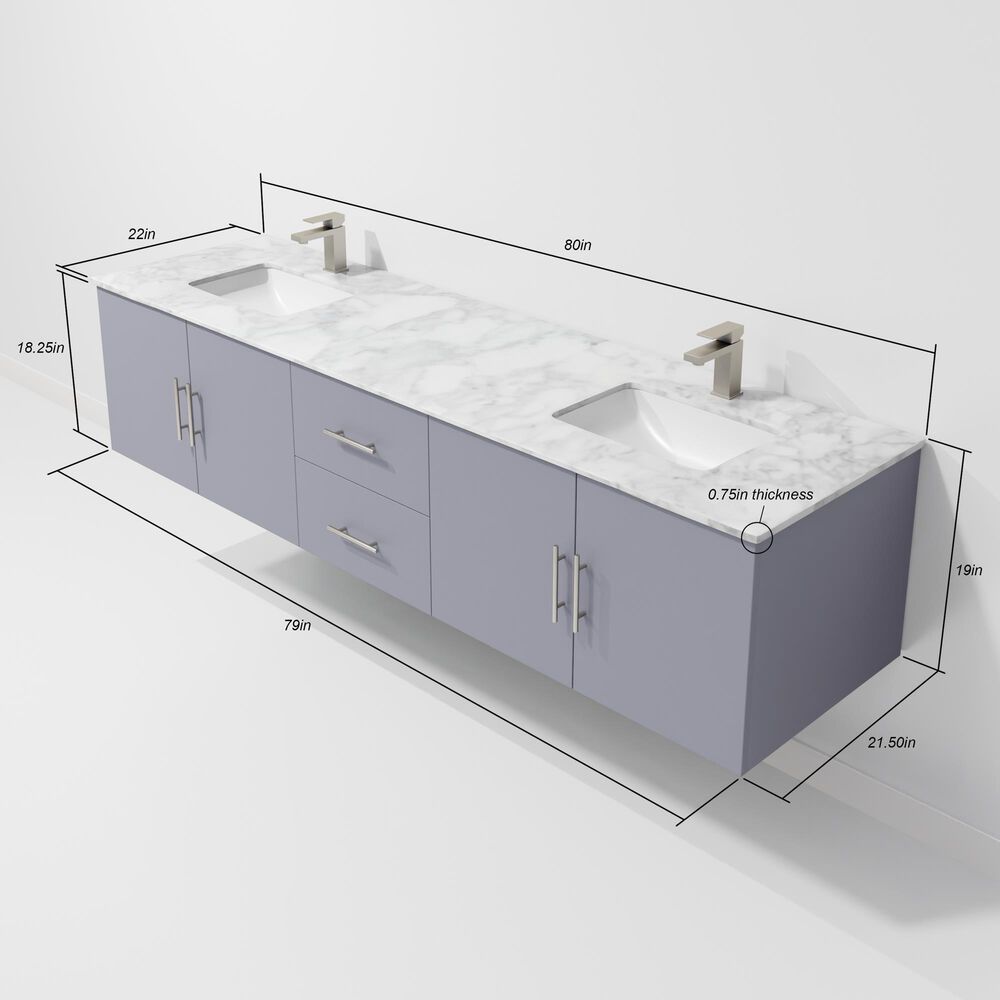 Lexora Home Geneva 80&quot; Double Bathroom Vanity in Dark Grey with 2 cm White Carrara Marble Top and Rectangular Sinks, , large