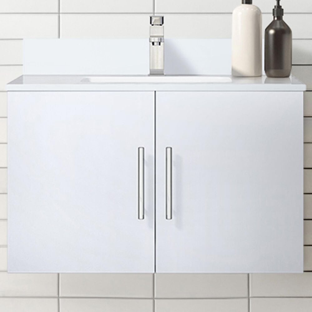 Lexora Home Geneva 30&quot; Single Bathroom Vanity in Glossy White with 2 cm White Cultured Marble Top and Rectangular Sink, , large