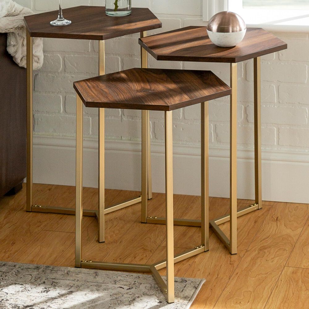 Walker Edison Hex Nesting Tables in Dark Walnut and Gold (Set of 3
