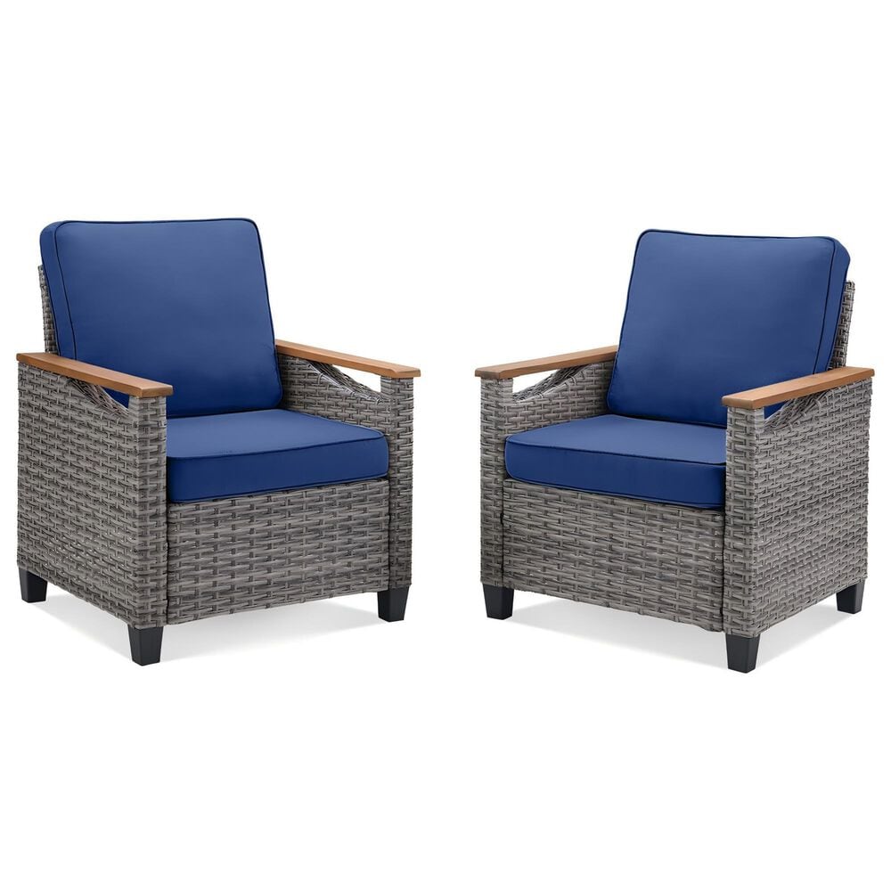 Sunwell Garden Patio Stationary Chair with Gray Frame and Wood Armrests in Navy (Set of 2), , large