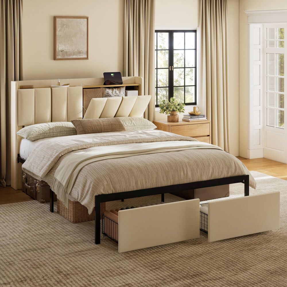 HOMLUX Full Upholstered Platform Storage Bed Frame with Storage Headboard in Beige, , large