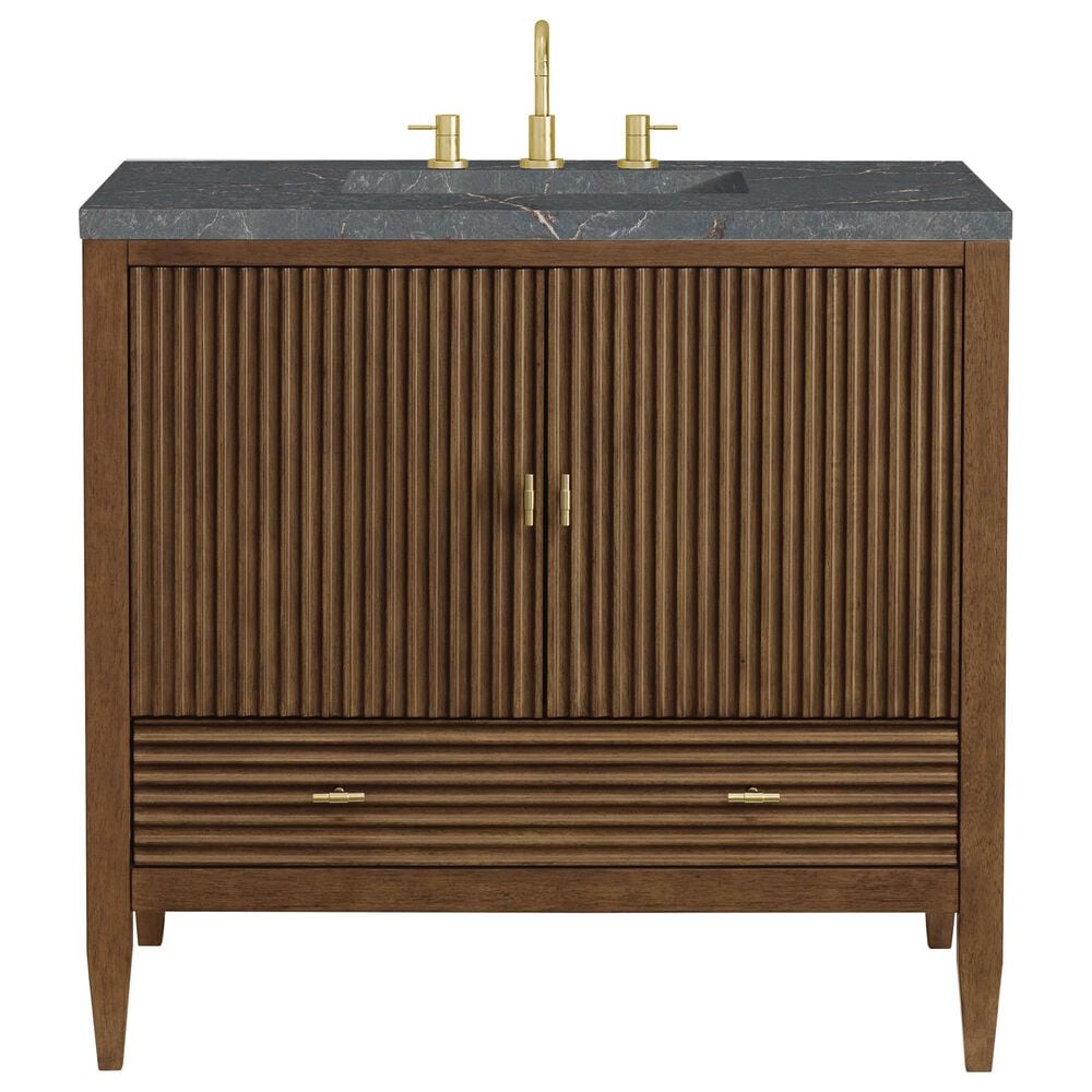 James Martin Vanities Myrrin 36&quot; Vanity in Mid-Century Walnut with 3 cm Parisien Bleu Quartz Top, , large