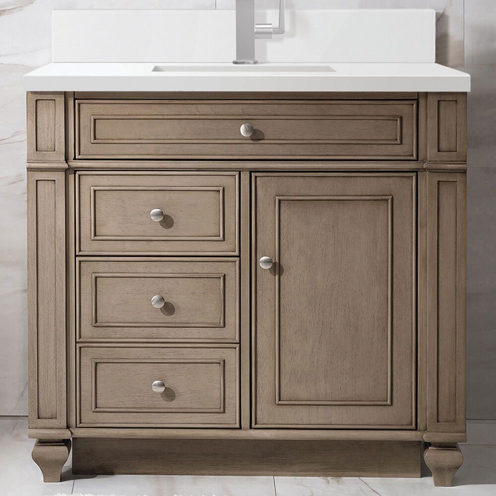 James Martin Vanities Bristol 36" Single Bathroom Vanity in Whitewashed Walnut with Single Hole 3 cm White Zeus Quartz Top and Rectangular Sink, , large