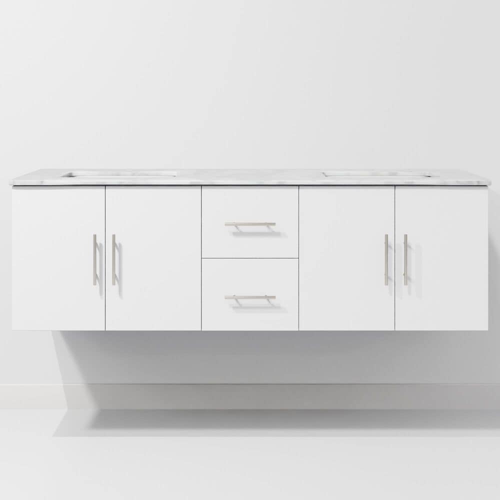 Lexora Home Geneva 60" Double Bathroom Vanity in Glossy White with 2 cm White Carrara Marble Top and Rectangular Sinks, , large