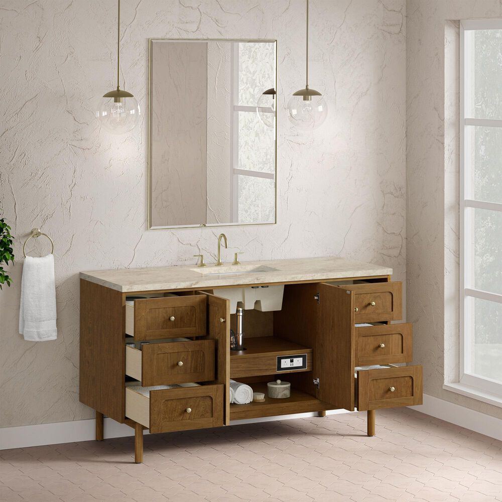 James Martin Laurent 60" Single Bathroom Vanity in Honey Oak with 3 cm Tajnar Eclos Top, Rectangular Sink and FreePower Wireless Charger, , large